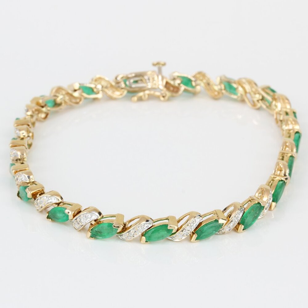 Vintage 14k Yellow Gold Marquise Emerald & Round Diamond Anniversary Bracelet